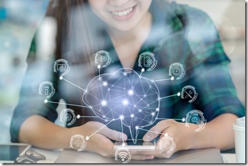 Polygonal brain shape of an artificial intelligence with various icon of smart city Internet of Things Technology over Asian businesswoman hand using the smart mobile phone,AI and business IOT concept