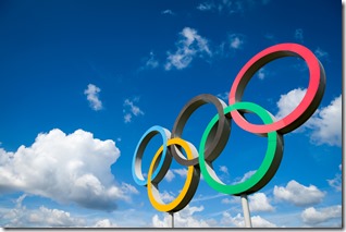 LONDON - APRIL 19, 2019: A large set of Olympic Rings stand under bright blue sky with white clouds.