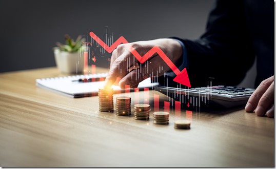 Economic collapse concept, businessman with falling financial graph chart due to global recession. Stock market crash, inflation, financial crisis, Falling income in GDP, capital reduction