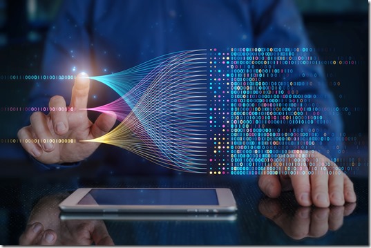 Big data technology and data science. Data scientist querying, analysing and visualizing complex data set on virtual screen. Data flow concept. Business analytics, finance, neural network, AI, ML.